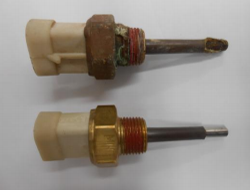 False readings and unnecessary generator fault errors will occur when coolant sensors are damaged. A corroded coolant sensor is shown with a new one.
